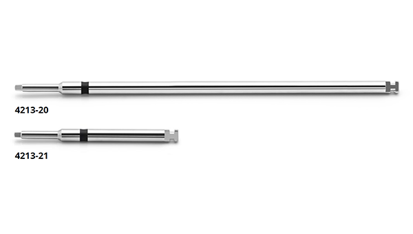 dev-os screwdriver blades, for microscrews Ø 1.3, 1.5 and 1.8 mm screwdriver blades, for microscrews diameter 1.3, 1.5 and 1.8 mm, above one another. The one on the top is longer and has article number 4213-20 and the one on the bottom is shorter and has article number 4213-21